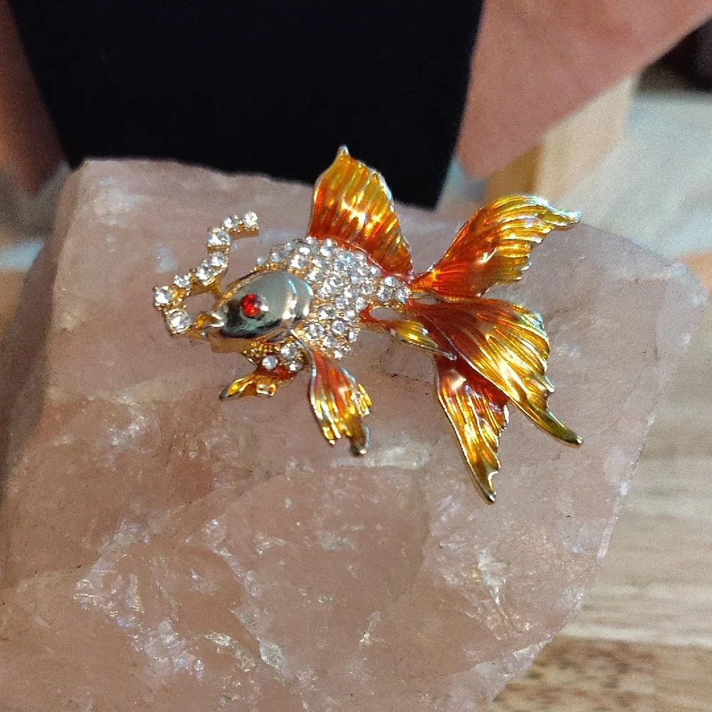 Sparkling Gold and Orange Fish Brooch